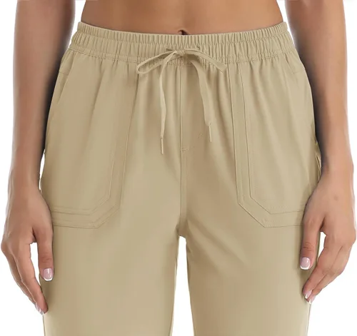 Vista 5 de TACVASEN Pantalones deportivos de senderismo para mujer, de secado rápido, ligeros, con cordón, Caqui