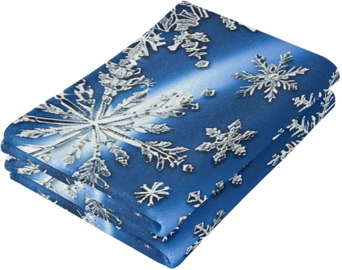 Vista 3 de Pfrewn Juego de 2 toallas de mano de copos de nieve azules de invierno, juego de 2 toallas de baño de nieve con purpurina brillante de zafiro de 16