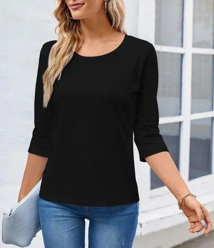 Vista 4 de Camiseta básica de algodón liso liso con cuello redondo y manga 34 para mujer