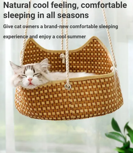 Vista 6 de Hamaca de ratán para gatos, cesta colgante de verano para balcón, cama de gato, nido de sol, jaula, suministros para mascotas