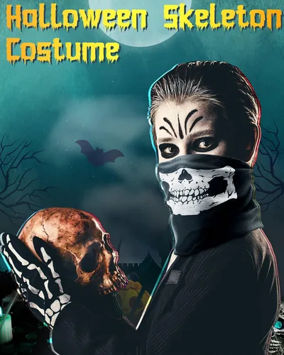 Vista 6 de Panitay 5 Pcs Halloween Skeleton Costume for Men Skeleton Rib T-Shirt Bone Gloves Walking Cane Ghost Mask for Cosplay Party