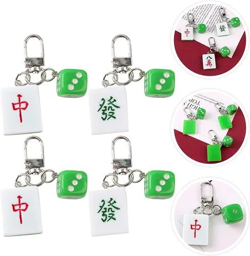 Vista 8 de LUOZZY 4 piezas Mahjong Tile Keychain Chinese Dice Mahjong Fa Cai Llavero, Multi, Mediana