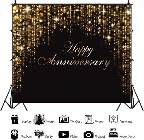 Vista 2 de Telón de fondo de feliz aniversario de 10 x 8 pies con purpurina negra y dorada para aniversario, letrero de aniversario para mujeres y hombres