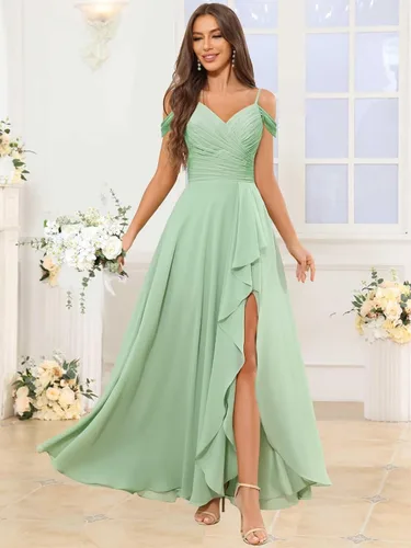 Vista 3 de OFEECHUN Women's Off The Shoulder Long Bridesmaid Dresses for Wedding Chiffon Ruched Formal Evening Gowns with Slit