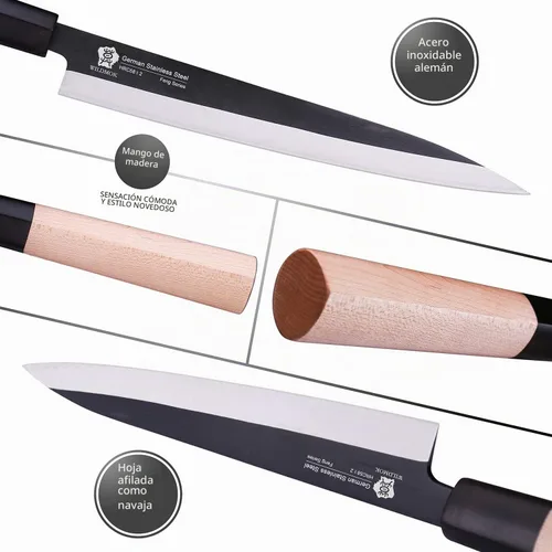 Vista 2 de WILDMOK GYUTO - Juego de 4 cuchillos de chef de sushi Yanagiba-Deba-Nakiri-Utilidad, cuchillos de fileteado de pescado con hoja de acero alemán