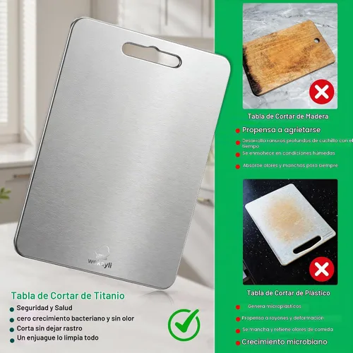Vista 3 de Juego de 3 tablas de cortar de titanio 100% puro para cocina, tablas de cortar de titanio de doble cara, áreas separadas de alimentos crudos
