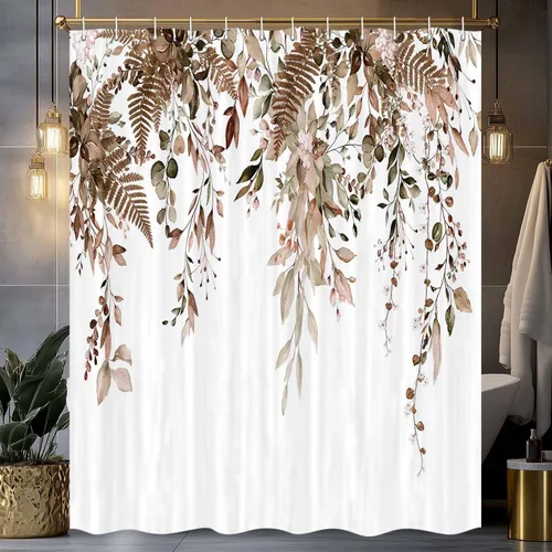 Vista 10 de Cortina de ducha de eucalipto azul, juego de cortinas de ducha de eucalipto con hojas de acuarela impermeables, cortinas de baño de tela con hojas