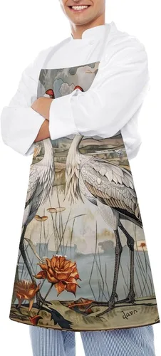 Vista 4 de MUSM Apron for Adults - 27.6 X 31.5 Inch, Heavy-Duty Polyester Aprons with Two Large Pockets, Waterproof Two Cranes Painting Kitchen Apron for