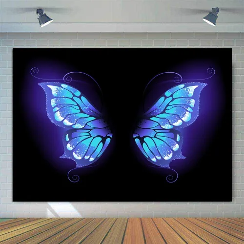 Vista 7 de Fondo de fotos de retrato de ensueño con alas de mariposa azul para fotografía de vinilo de 5 x 3 pies para eventos, decoración de fiesta, telón