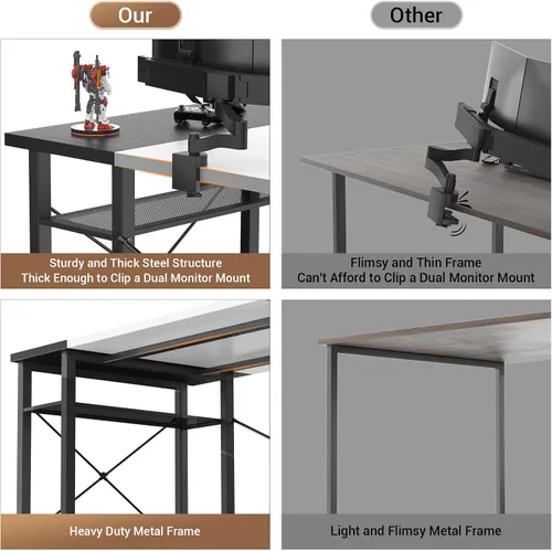 Vista 7 de Armocity Escritorio para computadora con luces LED, escritorio de 48 pulgadas con toma de corriente y USB, escritorio grande reversible con soporte