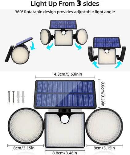 Vista 6 de Luces solares de pared para exteriores, 3 cabezales ajustables de 270°, iluminación de gran angular de 3000 lúmenes, 204 luces LED de inundación