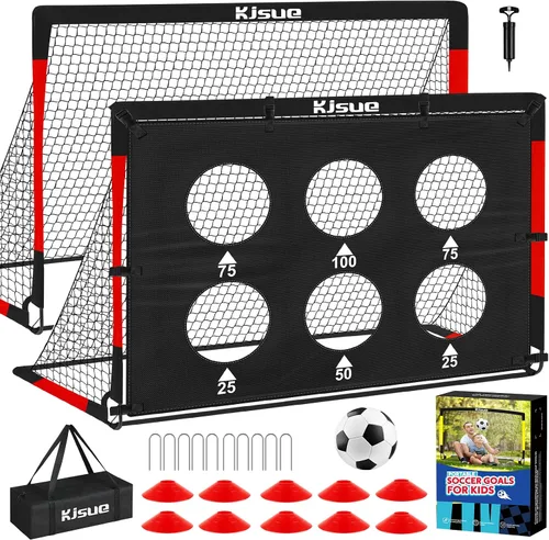 Vista 11 de Juego de portería de fútbol infantil para patio trasero – 2 porterías de fútbol de 6 x 4 pies, equipo de entrenamiento, red de fútbol para niños