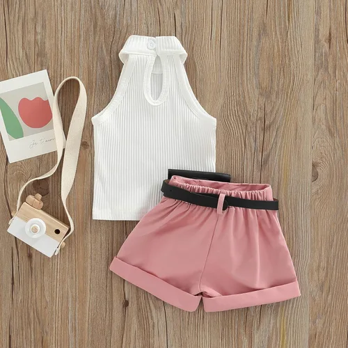 Vista 133 de TheFound Trajes de verano para niñas pequeñas, sin mangas, de punto acanalado, halter, pantalones cortos, ropa para recién nacidos, conjunto de 3