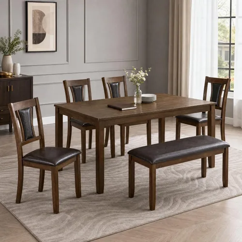Vista 20 de Juego de mesa de comedor Trygoal para 5, juego moderno de 6 piezas para comedor con mesa rectangular, 4 sillas tapizadas con respaldo y un banco