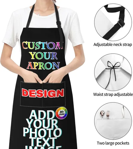 Vista 4 de Delantal de chef personalizado para mujeres y hombres con bolsillos, con nombre, texto, logotipo, foto, imagen, delantal de cocina