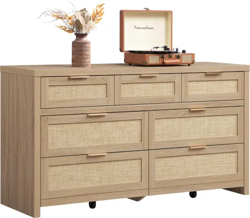 Vista 14 de SICOTAS Cómoda de 7 cajones para dormitorio, cómodas de ratán de 57" de ancho, cómoda grande con cajones para dormitorio, cómoda soporte de TV