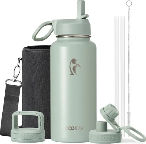 Vista 43 de Coolflask Botella de agua de 20 onzas aislada con pajilla, 3 tapas de metal de acero inoxidable, botella de agua de boca ancha para deportes u