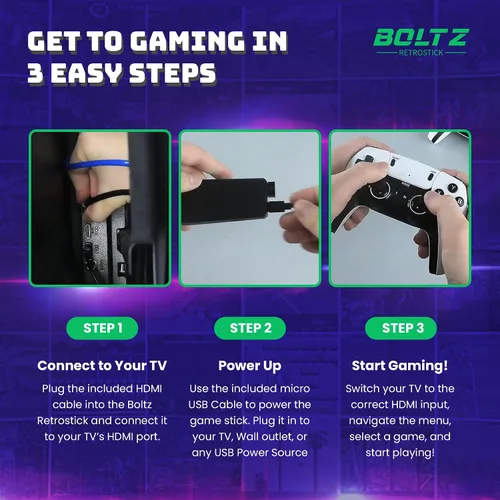 Vista 4 de Boltz Retro Stick Gaming Stick – Retro Gaming Console with 40,000+ Classic Video Games, 9 Emulators, 128GB Storage, Plug & Play 4K HDMI Output