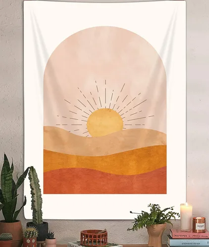 Vista 2 de DYNH Tapiz vertical de sol bohemio, tapiz bohemio de desierto de montaña para colgar en la pared para dormitorio, tapiz minimalista amarillo, póster