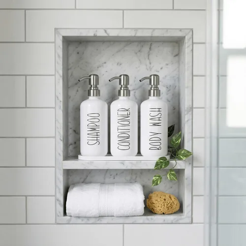 Vista 3 de MOMEEMO Botellas recargables de champú y acondicionador con bandeja, color Blanco y plateado