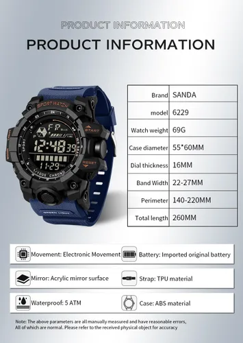 Vista 6 de FANMIS Reloj deportivo de cuarzo digital multifunción militar para hombre, impermeable, con alarma, LED, azul