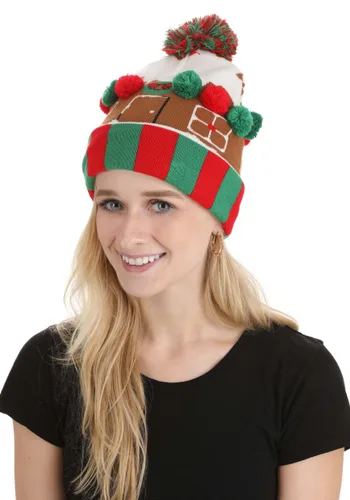 Vista 2 de Gorro Navideño de Punto con Casa de Jengibre y Pompones Multicolor