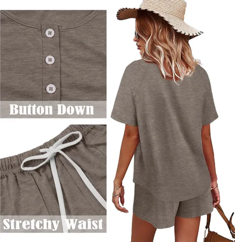 Vista 4 de WIHOLL Conjunto de dos piezas para mujer, conjunto de ropa de descanso con botones y pantalones cortos con bolsillos