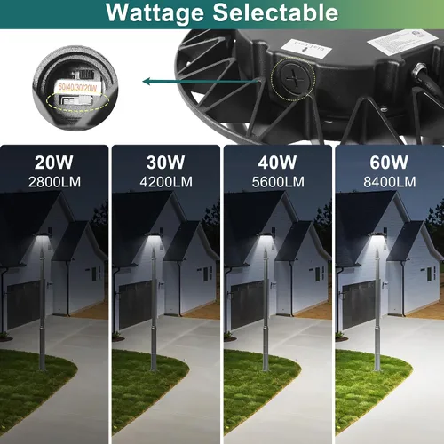 Vista 3 de Luz LED de poste superior con fotocélula del atardecer al amanecer, 20W/30W/40W/60W vatiaje seleccionable, 3000K/4000K/5000K CCT sintonizable, luces