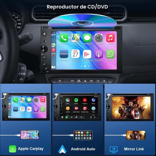 Vista 2 de Estéreo de coche de doble DIN con reproductor de CD/DVD, pantalla táctil de 7 pulgadas con Apple CarPlay y Android Auto, Bluetooth5.2, cámara