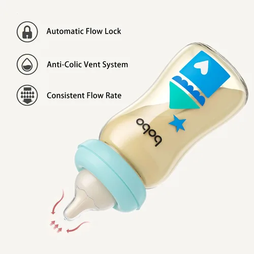 Vista 5 de YOHKOH Biberón de PPSU para bebé de cuello ancho, biberón anti-cólico para recién nacidos con tetina de respuesta natural, cuerpo aerodinámico, Azul