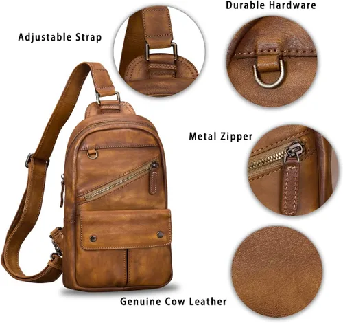 Vista 6 de IVTG Bolso bandolera de cuero genuino para hombres y mujeres, estilo vintage, hecho a mano, bolso de hombro, bolso cruzado en el pecho, Marrón