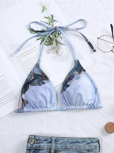 Vista 5 de OYOANGLE Bikini triangular con estampado gráfico para mujer, parte superior de traje de baño con lazo en la espalda