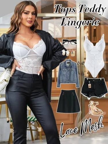 Vista 4 de popiv Women Lace Bodysuit Sexy Mesh Teddy Lingerie Cami Bustier Tops Going Out Tank Top