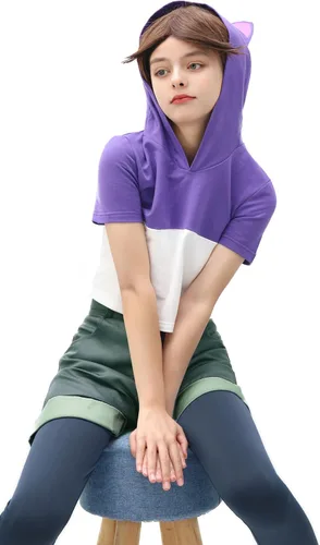Vista 5 de DAZCOS Disfraz de cosplay con capucha blanca y morado para mujer, talla de EE. UU., con medias para Halloween