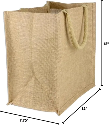 Vista 3 de Paquete de 12 bolsas de yute y arpillera, asas de algodón suave, interior laminado, Natural, Mediana