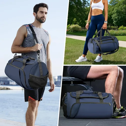 Vista 6 de Bolsa de gimnasio para hombres y mujeres con compartimento para zapatos y bolsillo húmedo, bolsa de gimnasio deportiva resistente al agua, bolsa