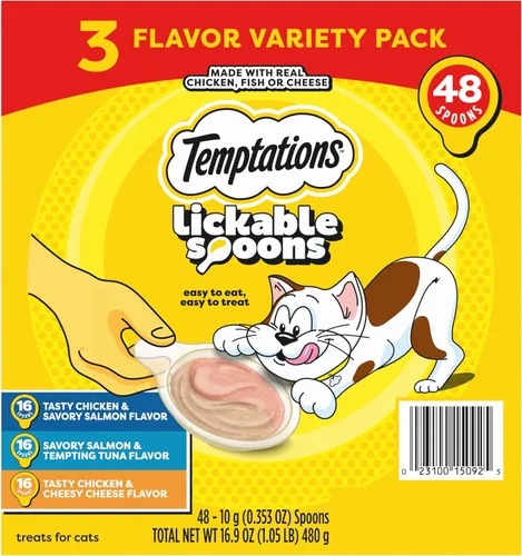 Vista 12 de Temptations Cucharas para lamer, golosinas suaves para gatos, golosinas húmedas para gatos adultos, sabroso sabor a pollo y queso cursi, 4 cucharas