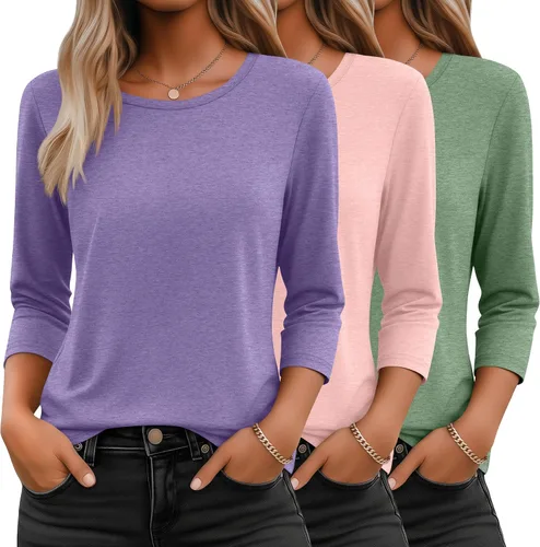 Vista 25 de Ficerd Paquete de 3 camisetas de manga 3/4 para mujer, cuello redondo, camisetas básicas elegantes, casuales, modernas, holgadas