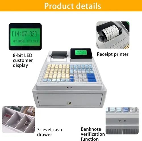 Vista 2 de Sistema de caja registradora electrónica, caja registradora electrónica LED de 81 llaves, con teclado plano, cajón de efectivo e impresora térmica