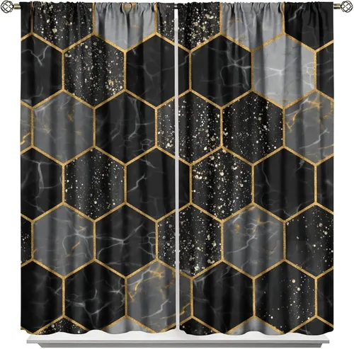 Vista 10 de Cortinas Negras con Dobladillo Dorado, Cortinas Opacas con Bolsillo para Barra con Estampado de Rayas de Foil en Onda Dorada para Decoración de Negro