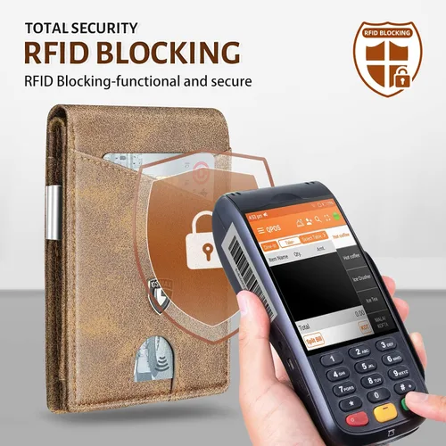 Vista 43 de GSOIAX Cartera delgada de cuero plegable RFID para hombre, billetera minimalista con bolsillo frontal con clip para dinero, 12 ranuras para Negro