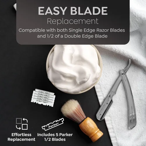 Vista 7 de Maquinilla de afeitar recta Parker SRX – Maquinilla de barbero totalmente de acero inoxidable con soporte de hoja tipo clip para hojas desechables