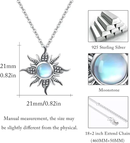 Vista 4 de Sun Necklace S925 Sterling Silver Vintage Moonstone Retro Sunburst Pendant Retro Sunshine Necklaces for Women Girls Boys Men