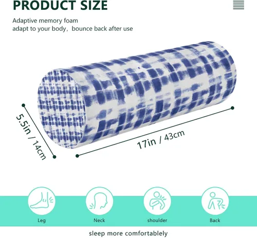 Vista 3 de Rollo cervical para el cuello, almohada redonda con estampado de teñido anudado azul y blanco, almohadas de espuma viscoelástica lavables, almohada