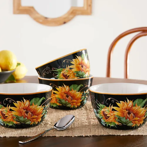 Vista 5 de Sunflower Fields - Cuencos de 5.25 pulgadas para helado/postre, 22 onzas, juego de 4 cuencos de cerámica ideales para golosinas congeladas, pudín