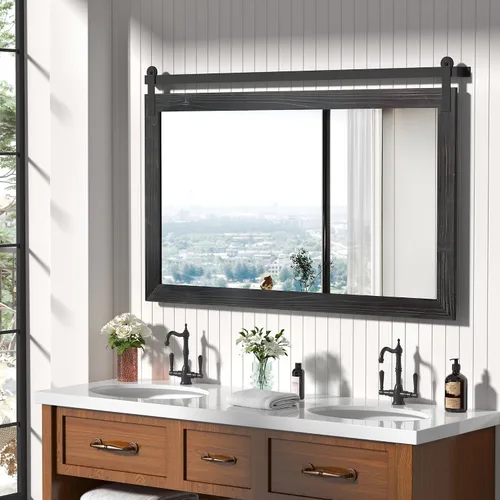 Vista 18 de COGOOD Espejo de puerta de granero de granja, 25 x 18 pulgadas, espejo decrativo con marco de madera rústica para baño, sala de estar, decoración
