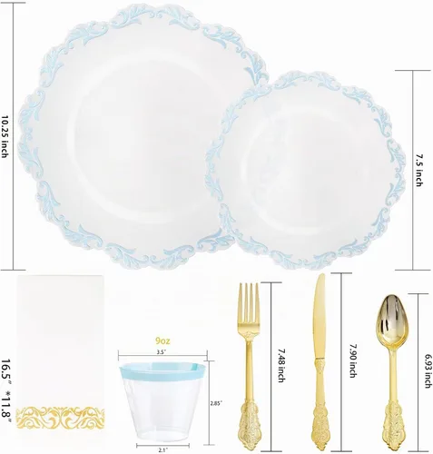 Vista 2 de PULOTE Juego de 175 piezas de platos de plástico transparentes y azules - Juego de vajilla desechable con borde azul - Incluye 25 platos de cena, 25