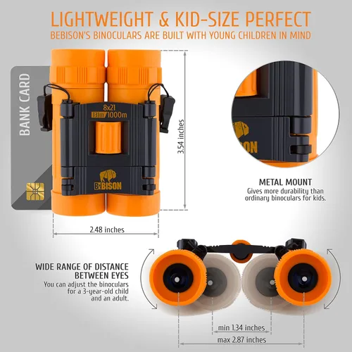 Vista 5 de BeBison - Binoculares para niños, óptica real de alta resolución de 8 x 21 pulgadas, binoculares compactos plegables a prueba de golpes, para Naranja
