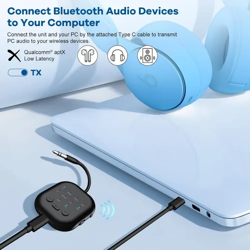 Vista 6 de Receptor transmisor Bluetooth, adaptador de audio Bluetooth para avión, transmisor inalámbrico para TV, gimnasio, Aptx HD, audio de baja latencia