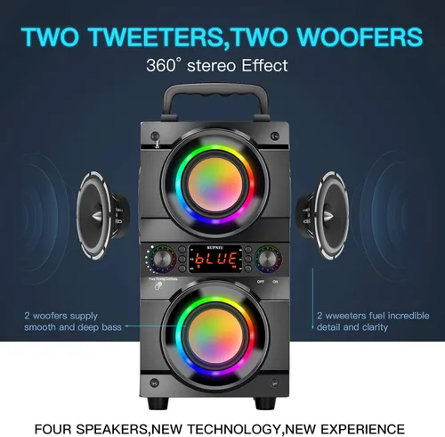 Vista 4 de Altavoz Bluetooth portátil de 60 W (pico de 80 W) con doble subwoofer de graves pesados, Bluetooth 5.0 inalámbrico de 100 pies para exteriores
